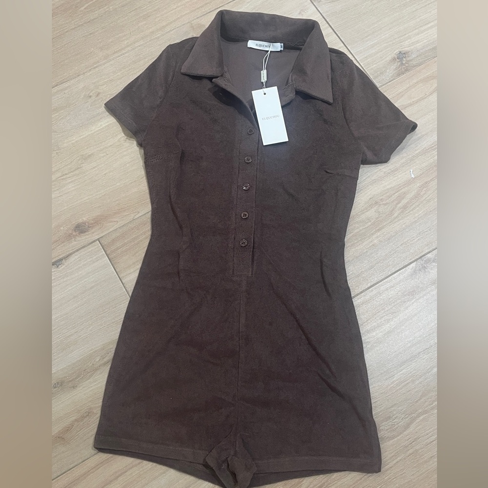 ELQUCHOU Chocolate Brown Button-Up Romper